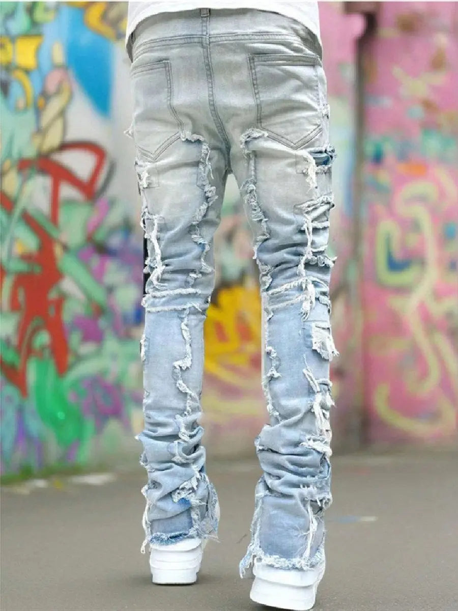 Men Streetwear Hip Hop Stacked Spliced Slim Straight Jeans Pants Male Stylish Motorcycle Biker Denim Trousers