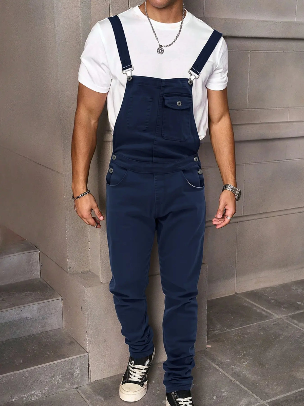 Men's Casual Denim Jumpsuit, Elastic Stretch Jean Fabric Adjustable Straps & Pockets, Workwear Overall, All Seasons, Button Fly, Fitted Style