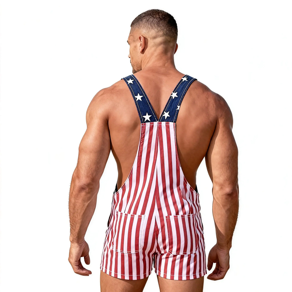 Menswear Stretchy Polyester Denim Festive Overalls - Men's & Women's Cute Romper Shorts, Adjustable Loose Straps, Loose Fit, 4th of July USA 250th Anniversary Patriotic Couple Gifts, Summer Outdoor Workwear, Blue Boat Coveralls