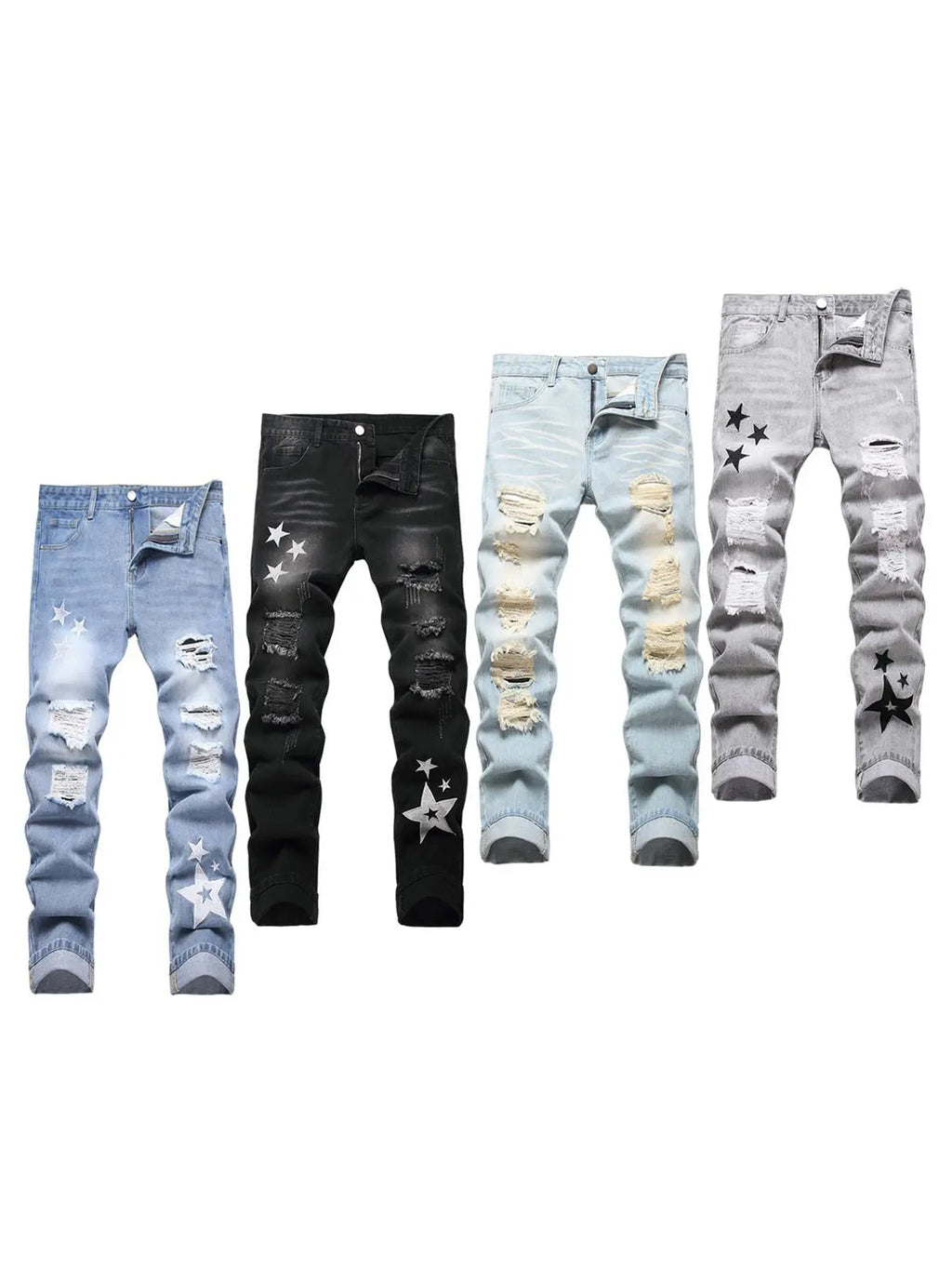 Men's Classic Cotton Distressed Retro Foldable Straight Leg Denim Jeans - 4-Season Comfortable Casual Bottoms with Zipper, Durable Fabric, Pockets, Embroidery, Buttons, Ideal for Retro Street, Halloween, Thanksgiving, Easter, Valentine's Day