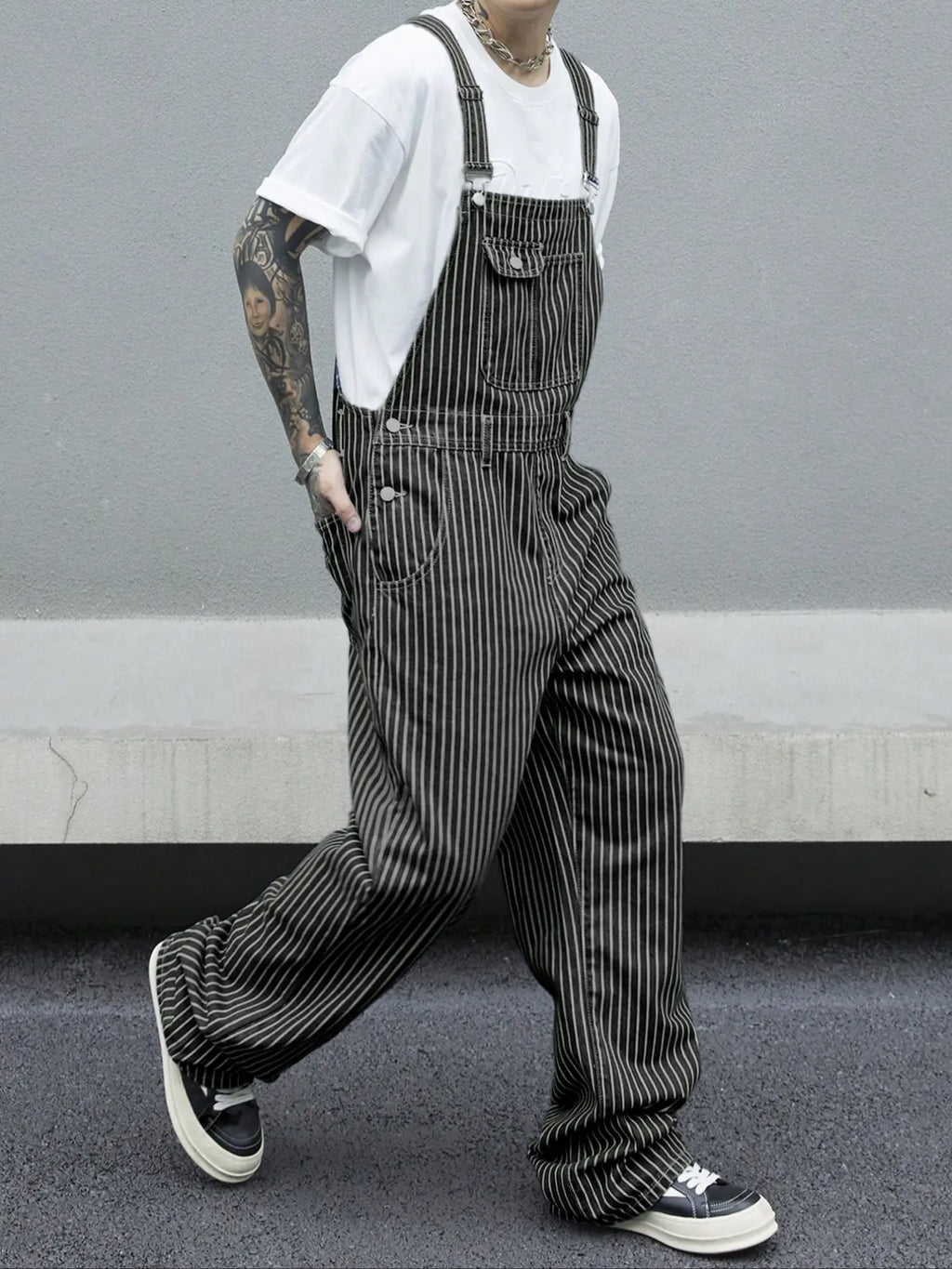 Men's Casual Striped Utility Denim Bib Overalls, Adjustable Shoulder Straps, Perfect for Work & Leisure Wear, Comfortable Fit, Fashion Casual Overalls