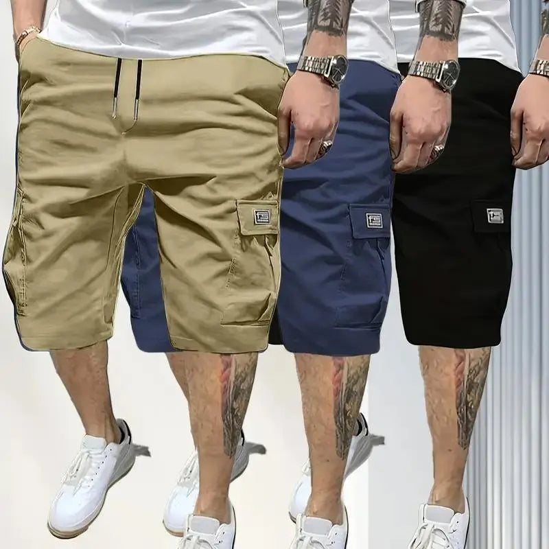 Men's Plus Size 3-Piece Plain Shorts Set - Earth Yellow, Black, Gray, Blue, Knee Length, Polyester, Slanted Pockets, Menswear, Sportswear, Activewear, Athletic, Versatile Casual Summer Outing & Travel Wear