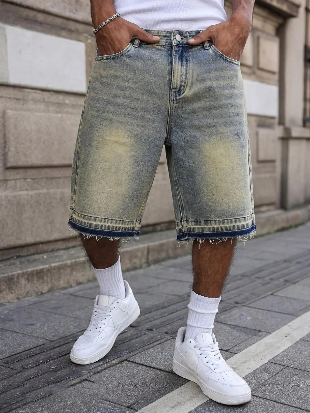 Men's Vintage Washed Distressed Denim Look Jean Shorts, Vintage Distressed Style, Size S (W32) to XXL (W40), Non-Stretch Streetwear Jorts, Menswear