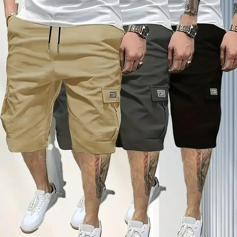 Men's Plus Size 3-Piece Plain Shorts Set - Earth Yellow, Black, Gray, Blue, Knee Length, Polyester, Slanted Pockets, Menswear, Sportswear, Activewear, Athletic, Versatile Casual Summer Outing & Travel Wear
