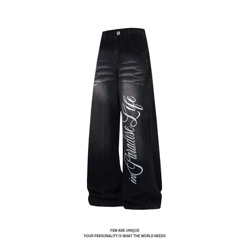 Men's High Cotton Vintage Washed Wide Leg Jeans, Large Cursive Paradise in Life Letter Print Distressed Baggy Denim Pants, Y2K Hip Hop Streetwear Loose Fit Casual Everyday Denim Trousers for Men