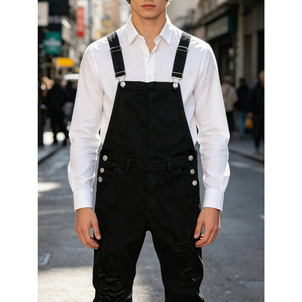 Men's Denim Blend Ripped Suspender Overalls - Casual Street Basics, Fitted Cut, Plain Design, Keyhole Back, All-Season, Machine Washable Menswear