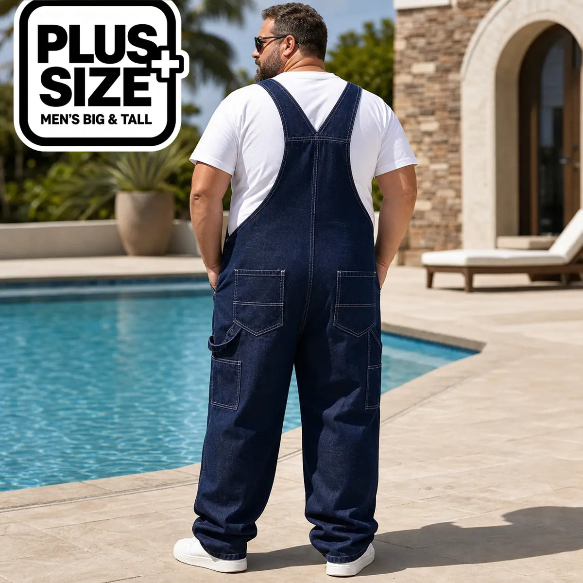 Men's Big & Tall Plain Denim Overalls - Cotton-Polyester Fabric Menswear, Loose-Fit Cargo Jumpsuit with Adjustable Straps, Lace-Up, Pockets - Classic Vintage Retro Street Style Workwear for Casual Daily Use - Plus Sizes XL-6XL, All-Season Comfort