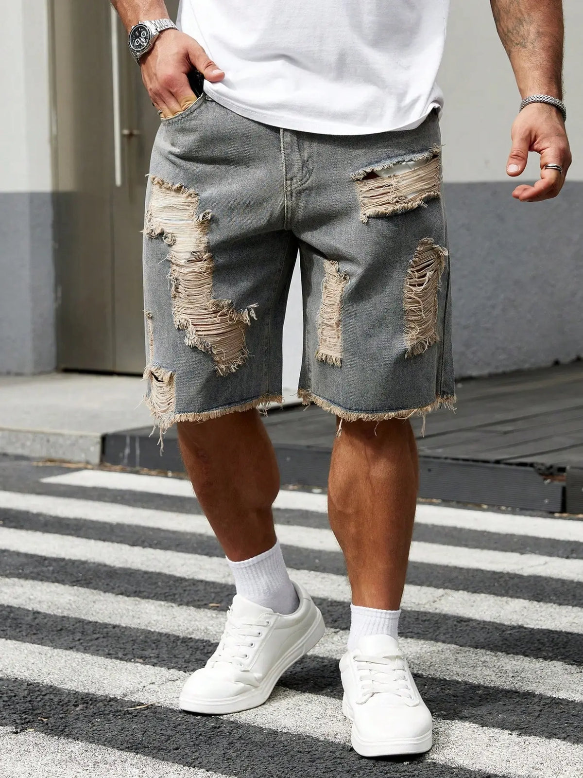 Men's Plain Ripped Distressed Frayed Hem Denim Shorts, Loose-Fit Menswear Streetwear for All Seasons, Perfect for Casual Outings, Commute & Vacation, Emo Aesthetic Style