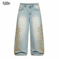 Men's Vintage Light-Wash Swirl Embroidery Floor-Length Baggy Wide-Leg Jeans - Retro Streetwear, Teenage Dirtbag Aesthetic Daily Casual Trousers