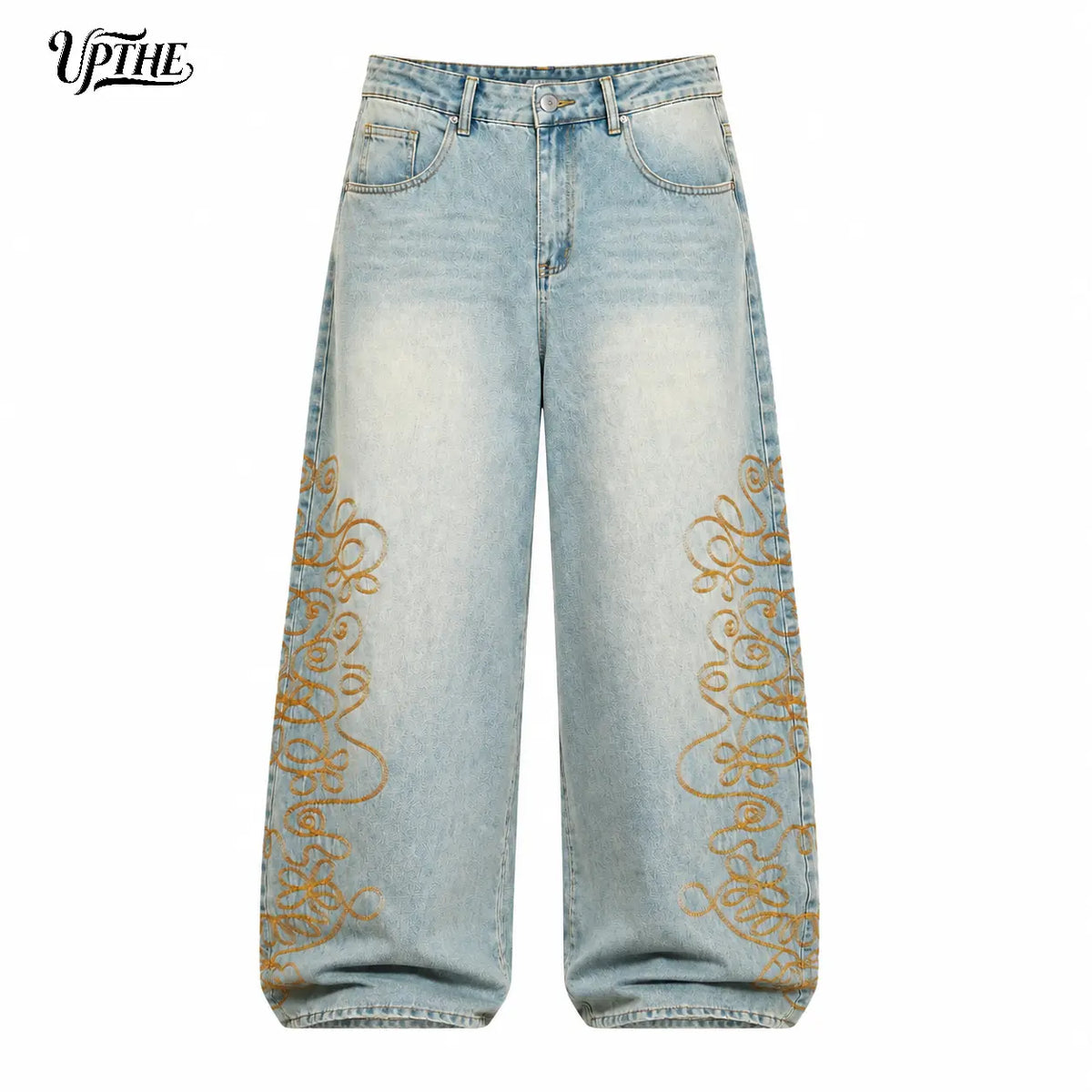Men's Vintage Light-Wash Swirl Embroidery Floor-Length Baggy Wide-Leg Jeans - Retro Streetwear, Teenage Dirtbag Aesthetic Daily Casual Trousers
