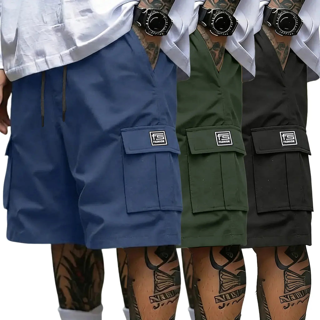 Men's 3-Piece Cargo Shorts Set - Multi-Pocket, Contrasting Label Accents, Drawstring Elastic Waist, Breathable Summer Streetwear, S Size Matching Men's Shorts