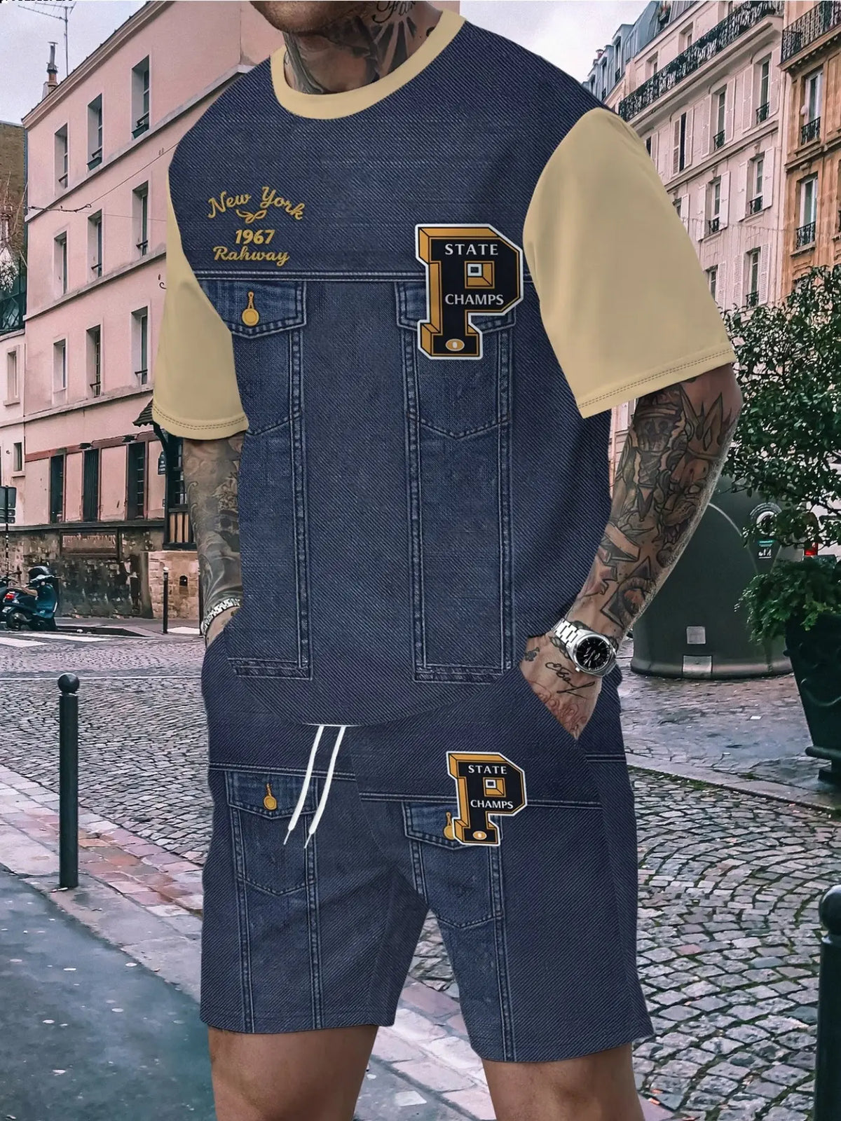 Men's Workwear Overall Shorts, Fashion Embroidery Design, Graphic, Multiple Pockets, Summer Casual Wear, Short Sleeve Patchwork Bib Pants