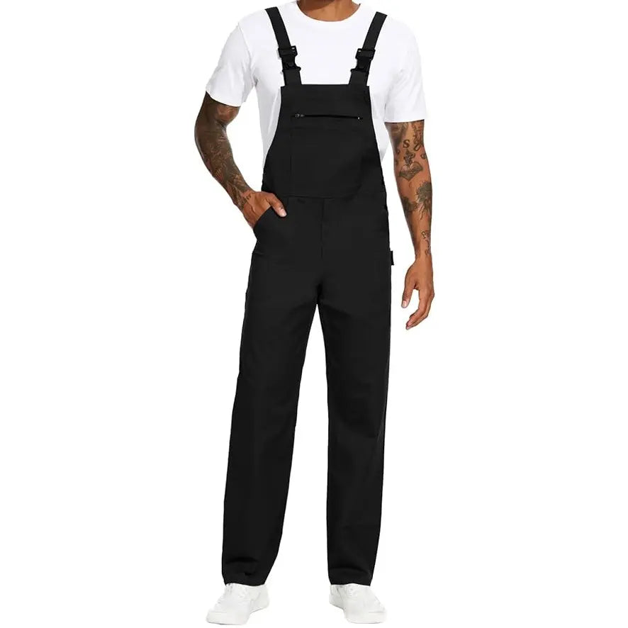 WORK IDEA Men's Cotton Overalls with Straps & Buckle, Comfortable Skin-Friendly Durable Plain Soft Fabric, 8 Functional Pockets, Elastic Waistband, Easy On/Off Workwear Uniforms (Black, Beige) for Outdoor Activities (Pair with T-Shirt)