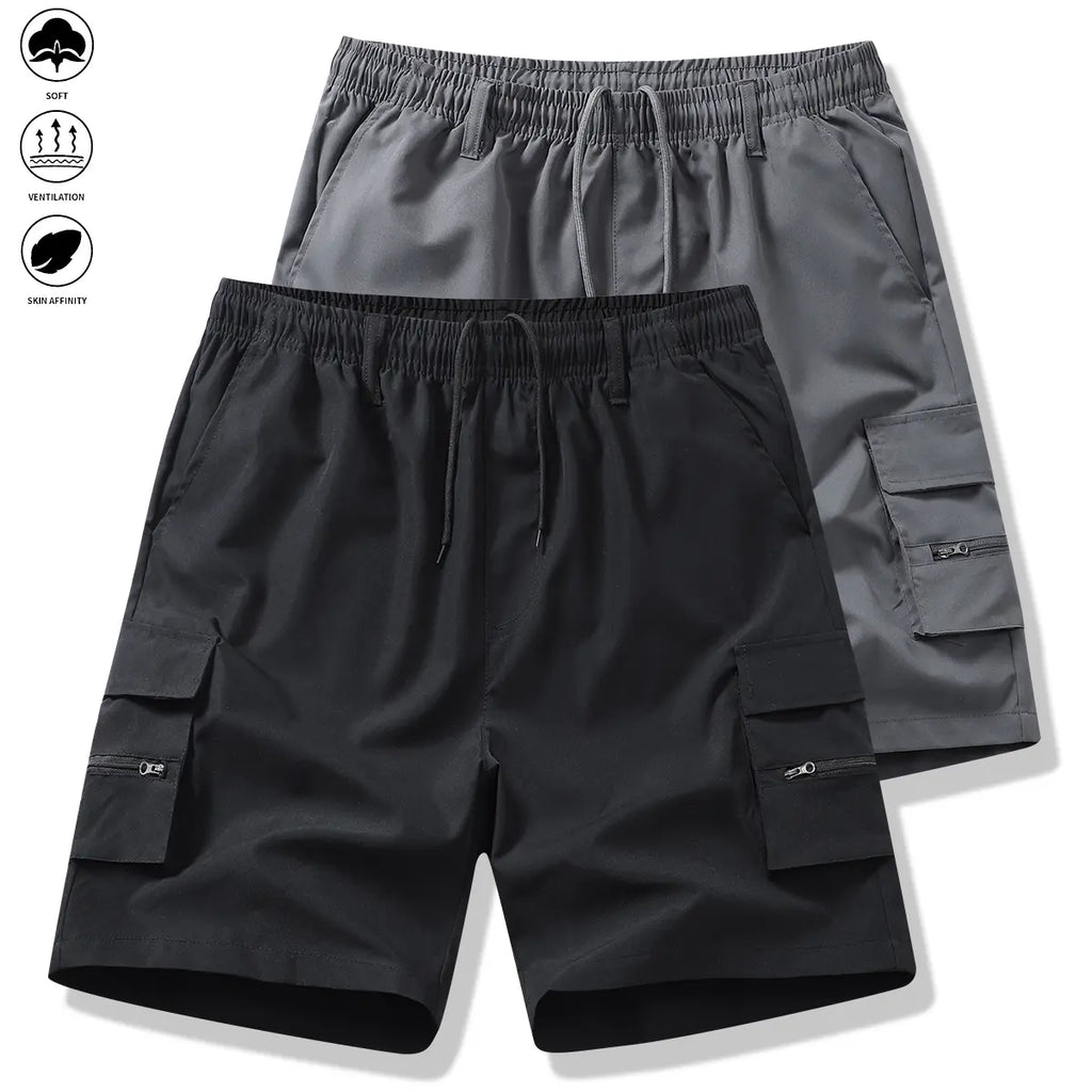 Men's 2-Piece Fitted Woven Work Jogger Shorts, Summer Trendy Casual Style, Multi-Pocket, Wear-Resistant, Wrinkle-Free, Tear-Resistant, Comfortable, Breathable, Stylish, Versatile, Elastic Drawstring