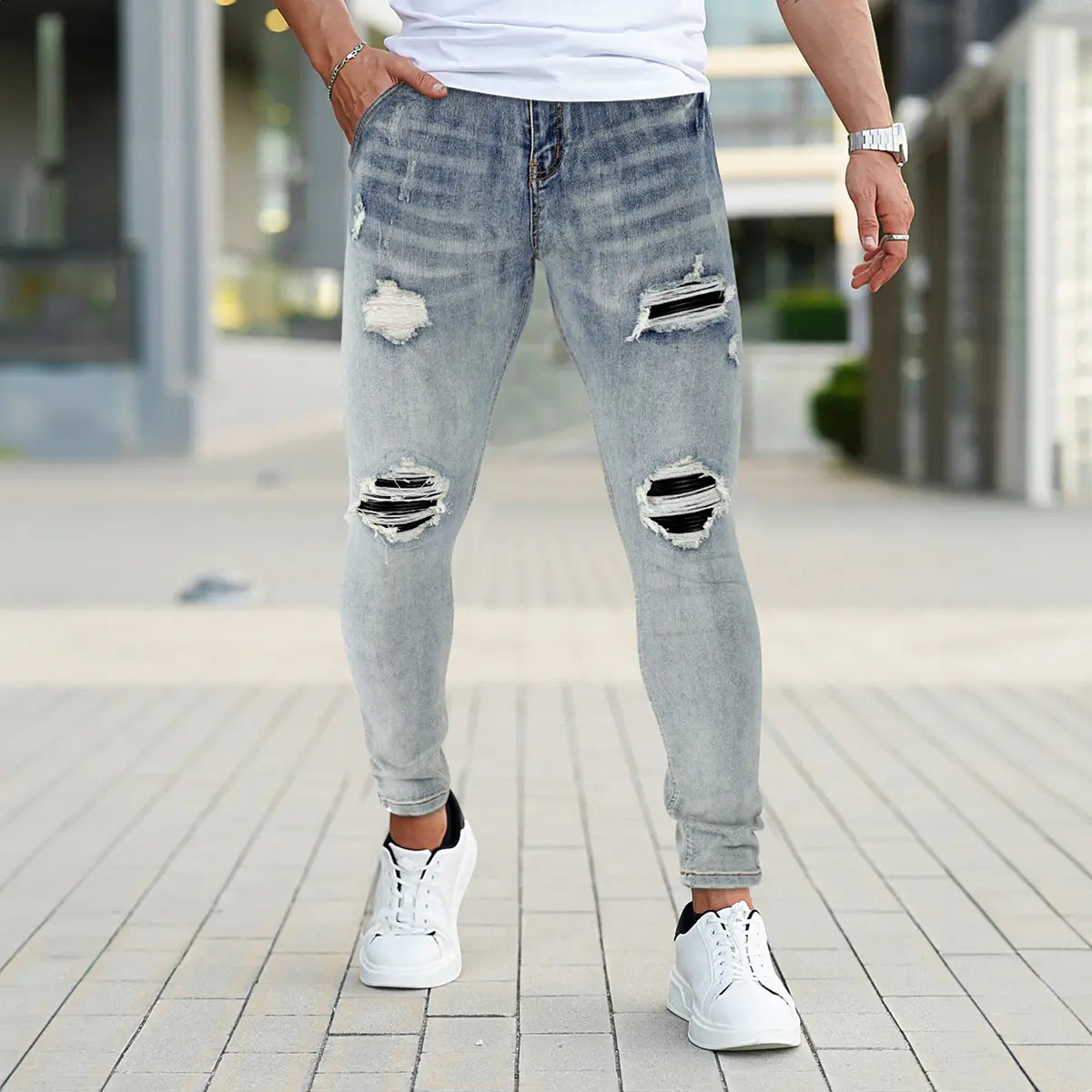 GINGTTO Men's Ripped Skinny Jeans Slim Fit Distressed Denim Pants Fashion Comfort Tapered Leg