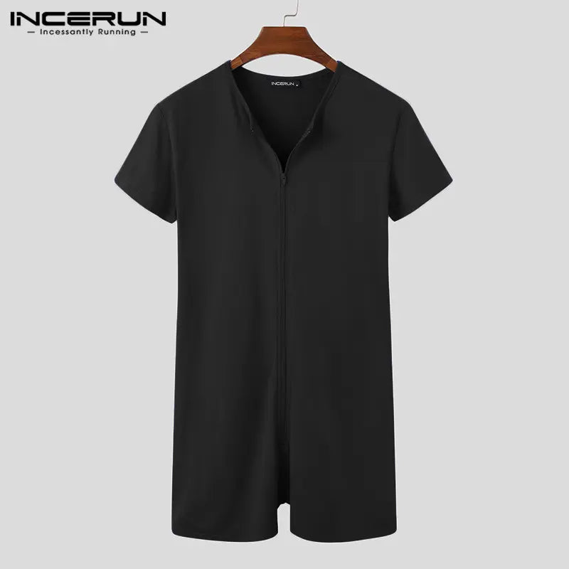 INCERUN Men's Basics Short-Sleeve Velvet Fabric Overalls Jumpsuit - Menswear Comfortable Stretch Sleepwear, Men's Home Loungewear Leotard