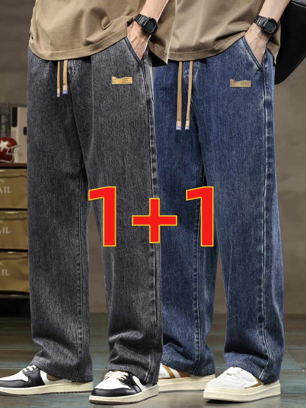 Men's drawstring elastic waist straight leg Pocket jeans solid color casual versatile non stretch denim pants, fit straight leg version, suitable for all seasons