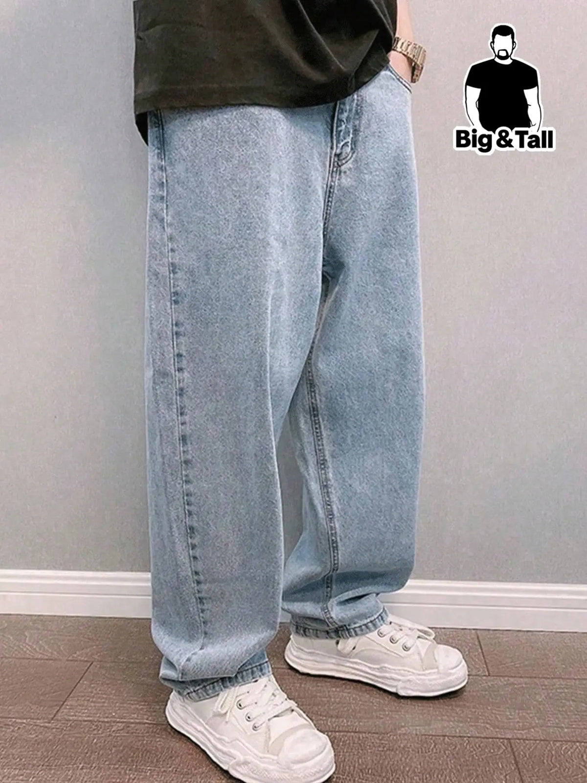 Men's Loose Baggy Straight Leg Design Vintage Washed Denim Light Blue Wide Leg Jeans, Plus Size Friendly, Oversize, Comfortable Casual Pants for All Seasons