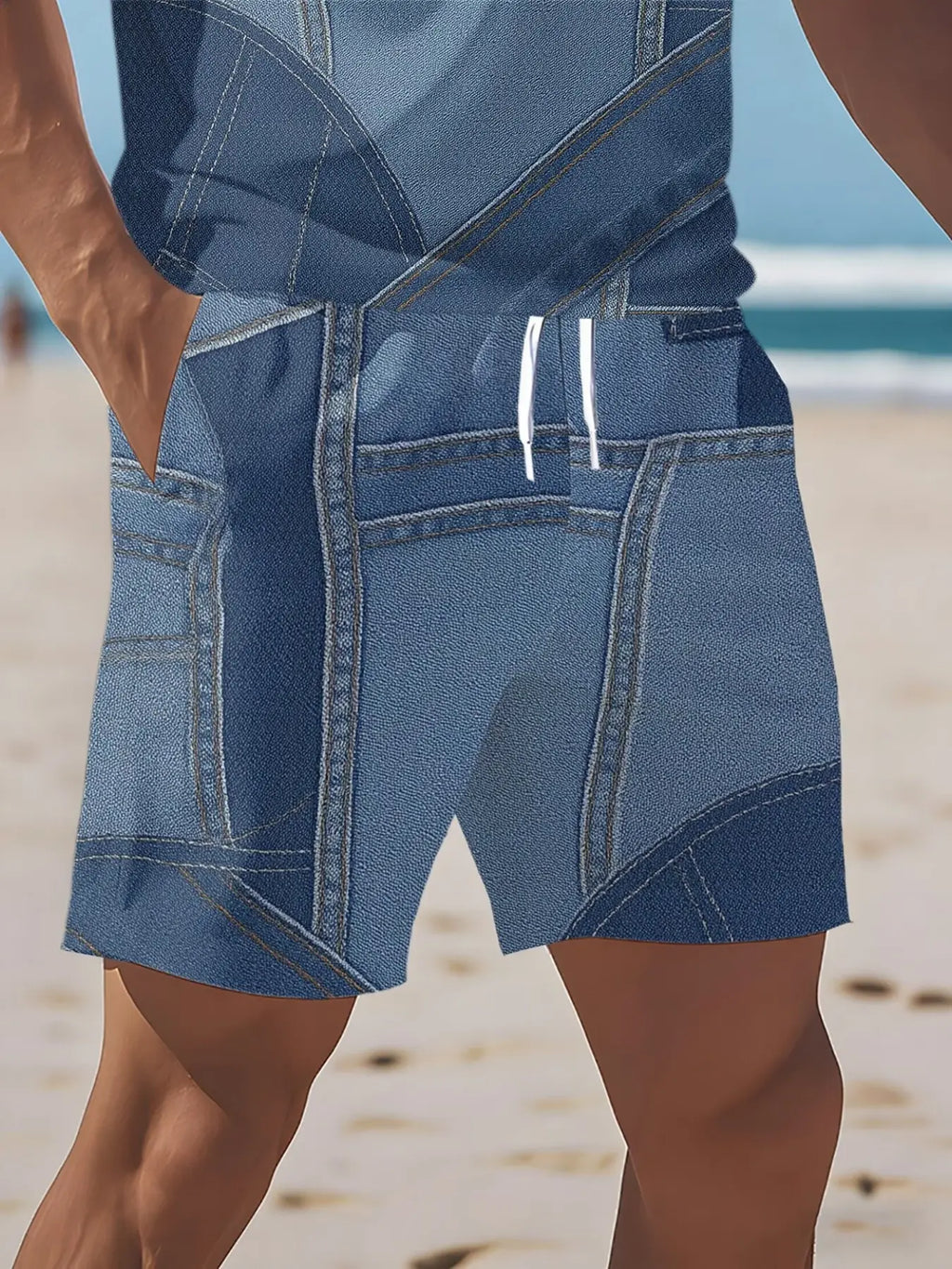 Men's Patchwork Romper, Casual Workwear Style, Summer New Arrival, Short Sleeve Romper, Trendy Fashion, Above Knee Hem, Fitted Design