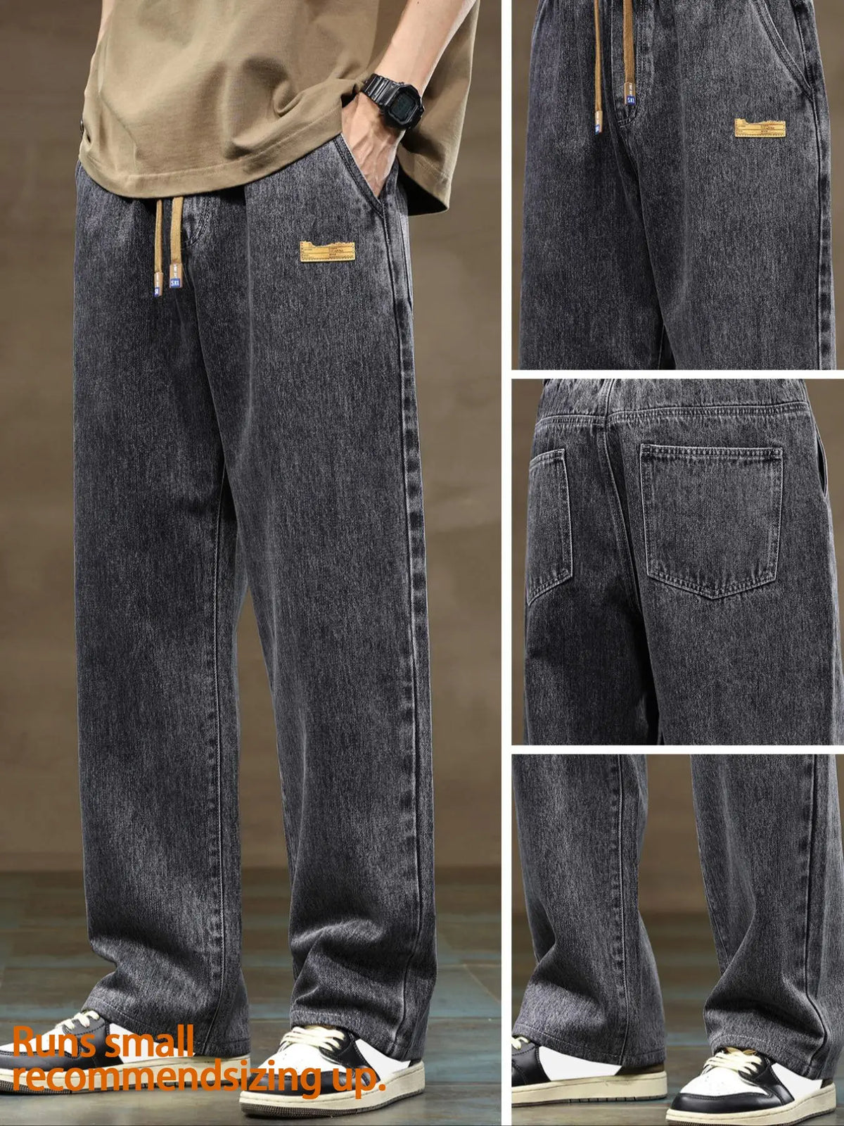 Men's drawstring elastic waist straight leg Pocket jeans solid color casual versatile non stretch denim pants, fit straight leg version, suitable for all seasons