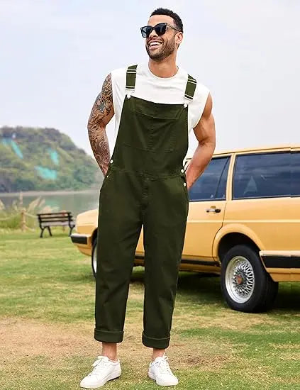 YUANBANG Men's Basic Denim Overalls Adjustable Straps Jumpsuit Fall Winter Fashion Comfort Sleeveless Pocket Menswear Bibs Workwear Coveralls with Zipper Solid Color Strappy One-Piece Outfits