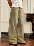 Men's High Street Style Vintage Washed Loose Fit Jeans, Loose Boyfriends Jeans, Trendy Distressed Wide-Leg Trousers, Versatile Fashion Apparel