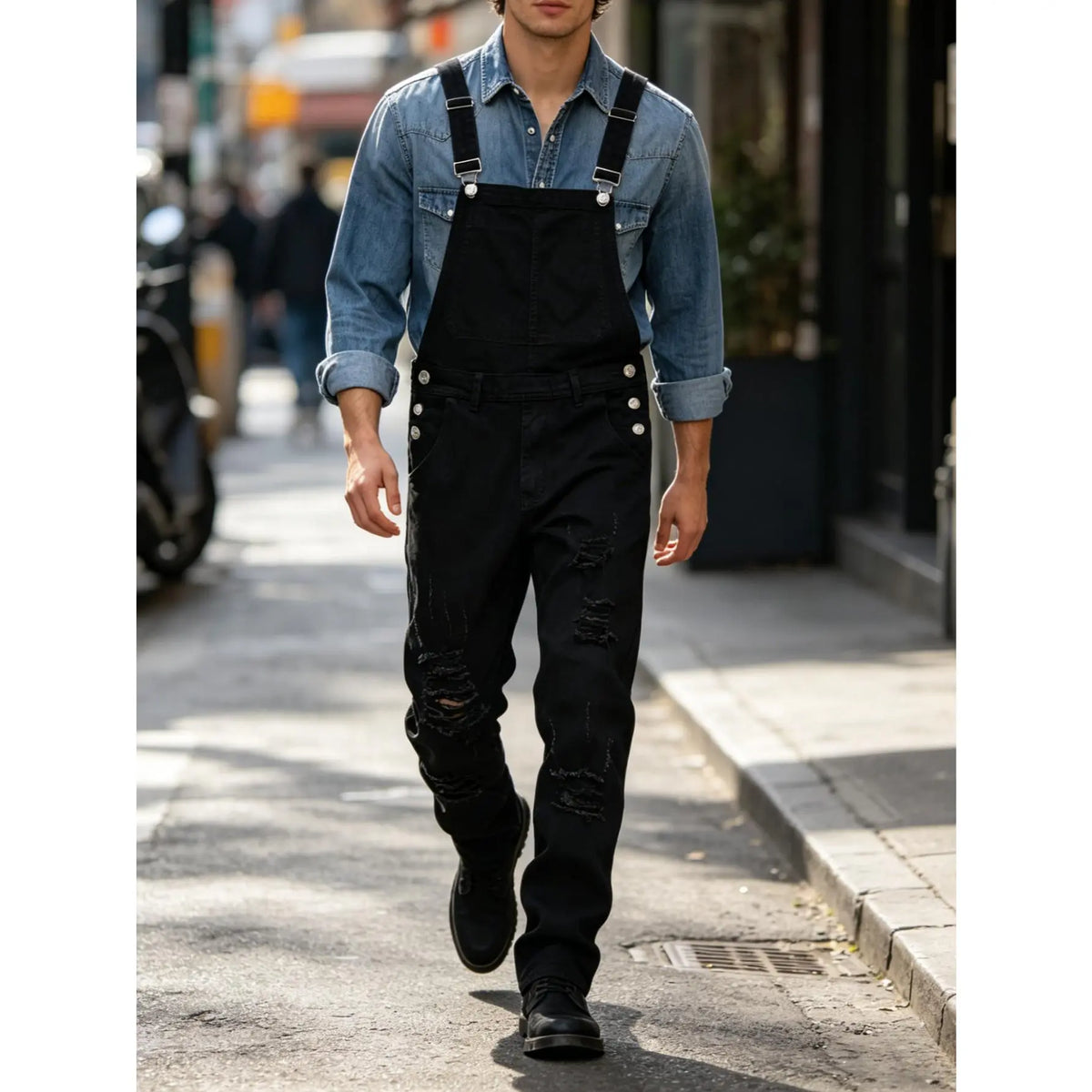 Men's Denim Blend Ripped Suspender Overalls - Casual Street Basics, Fitted Cut, Plain Design, Keyhole Back, All-Season, Machine Washable Menswear