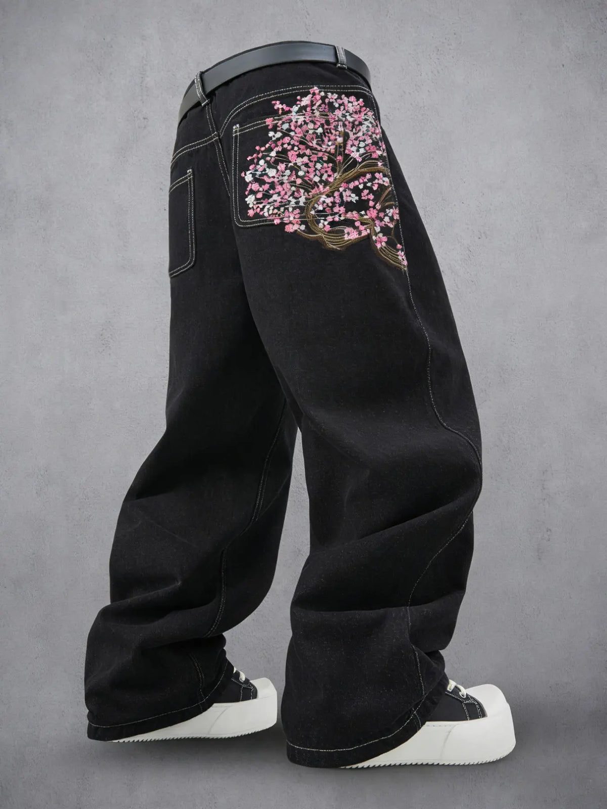 Men's Vintage Y2K Style Loose Wide Leg Jeans, Cherry Blossom Floral Embroidery, Pocket embroidery is not available, Street Fashion, Streetwear, Hip Hop Boyfriend Pants, All Seasons