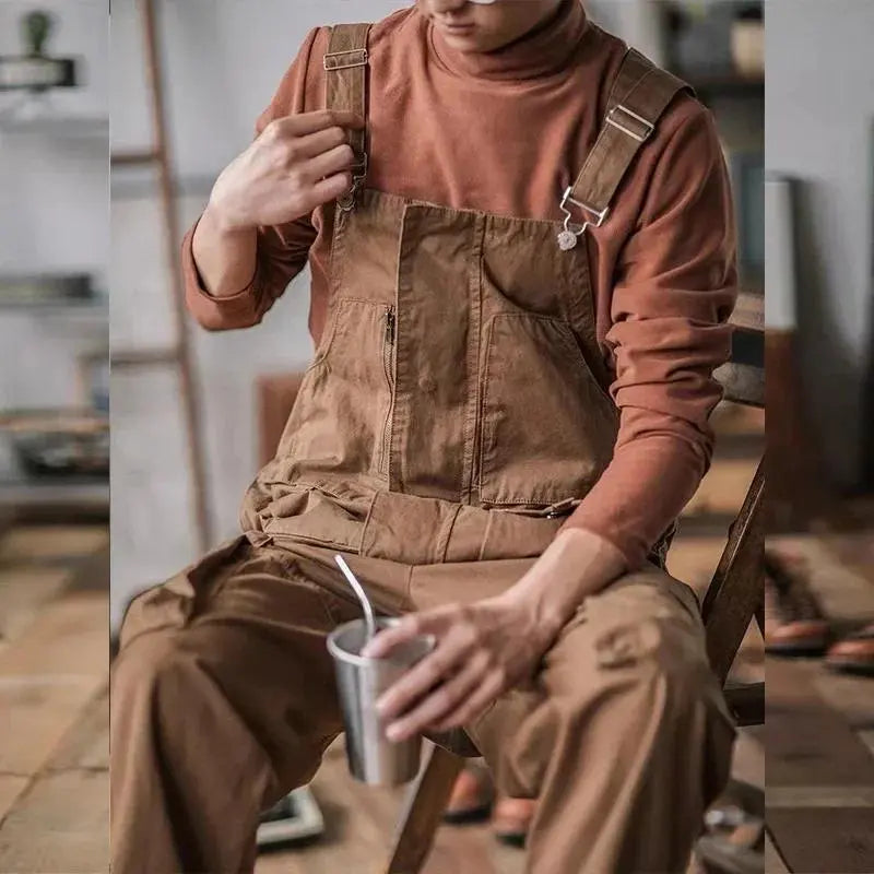 Men's Retro American Cotton Bib Overalls - Loose-Fit Full-Length Suspender Trousers with Pocket, Washable 4-Season Menswear Baggy Jumpsuit