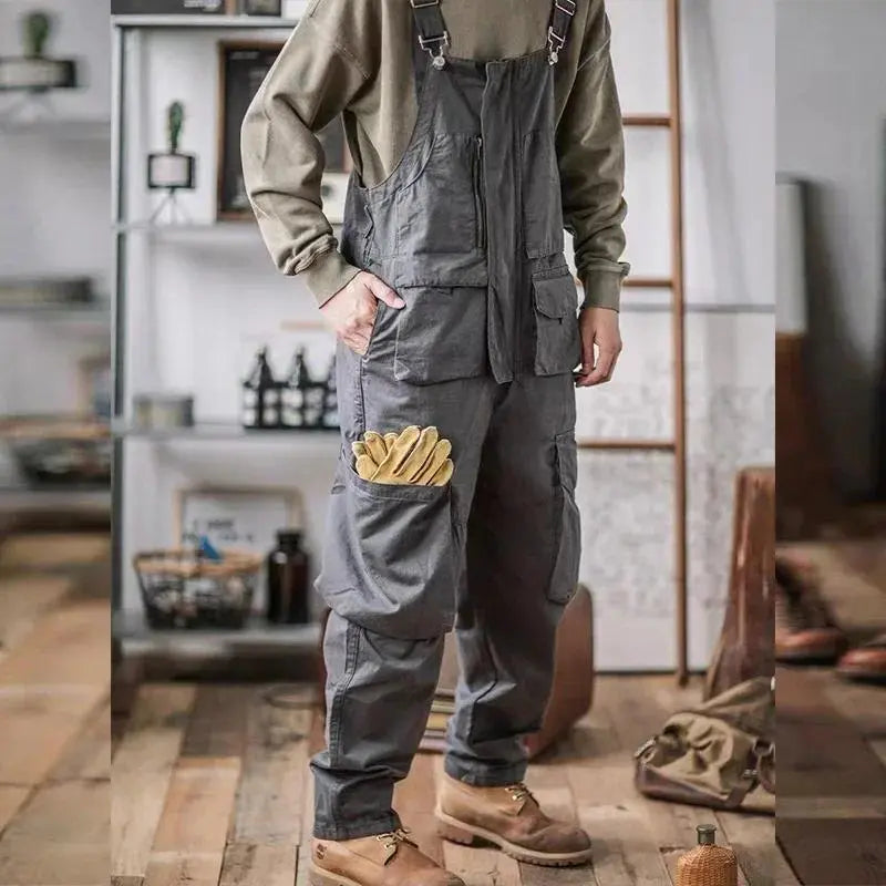 Men's Retro American Cotton Bib Overalls - Loose-Fit Full-Length Suspender Trousers with Pocket, Washable 4-Season Menswear Baggy Jumpsuit