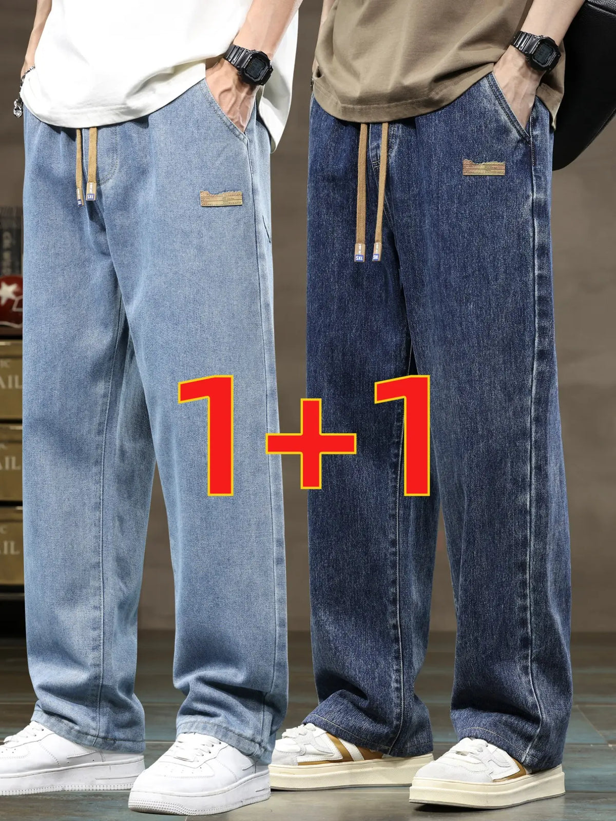 Men's drawstring elastic waist straight leg Pocket jeans solid color casual versatile non stretch denim pants, fit straight leg version, suitable for all seasons