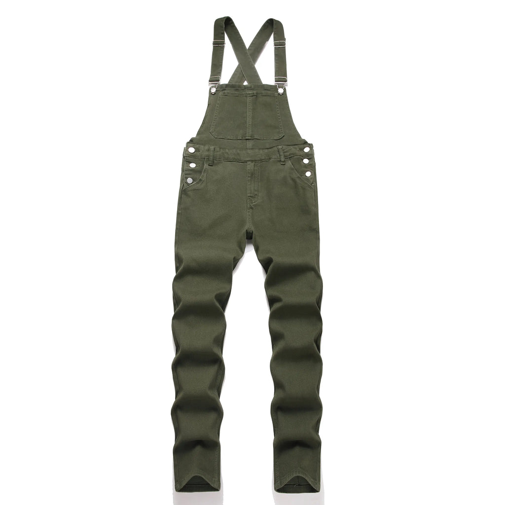 Men's Chic Solid Plain Military Green Cargo Pants - Adjustable Straps, Durable Fabric, Loose Straight-Leg, Year-Round Outdoor Casual Long Menswear Bottoms with Suspender Buttons, Multi-Size