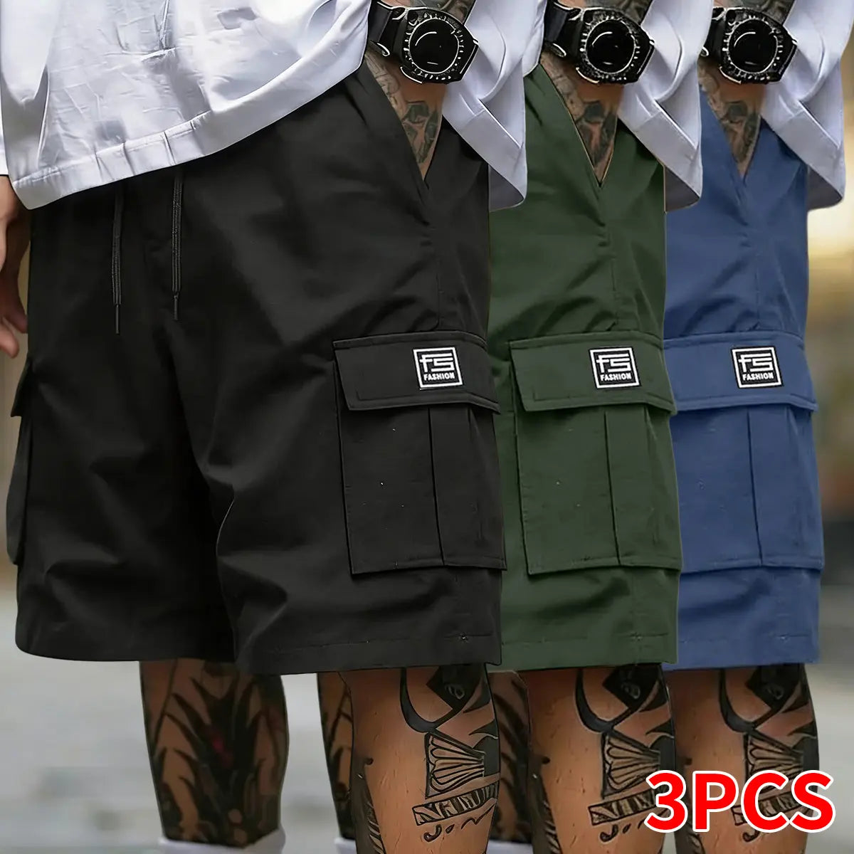 Men's 3-Pack Oversize Woven Cargo Shorts - Solid Color, Multi-Pocket Design, Adjustable Drawstring, Casual Fit, Dry Clean Compatible, Available in XL Size