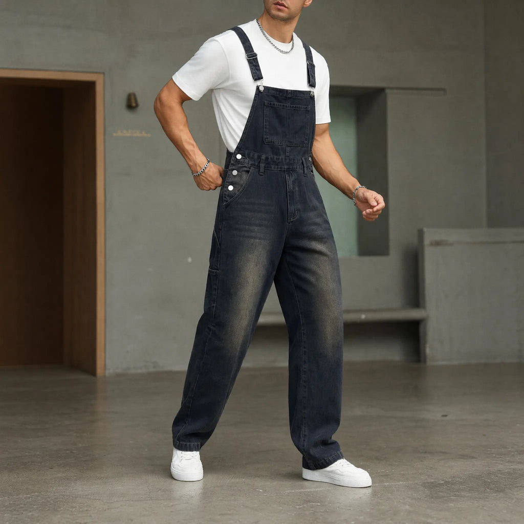 Men's Loose Fit Denim Bib Overalls - Vintage Mud Wash Black Blue Wide Leg Dungarees with Bib Pocket, Chunky Drape Retro Grunge Skater Streetwear, Chic Summer Casual Distressed Workwear Jumpsuit