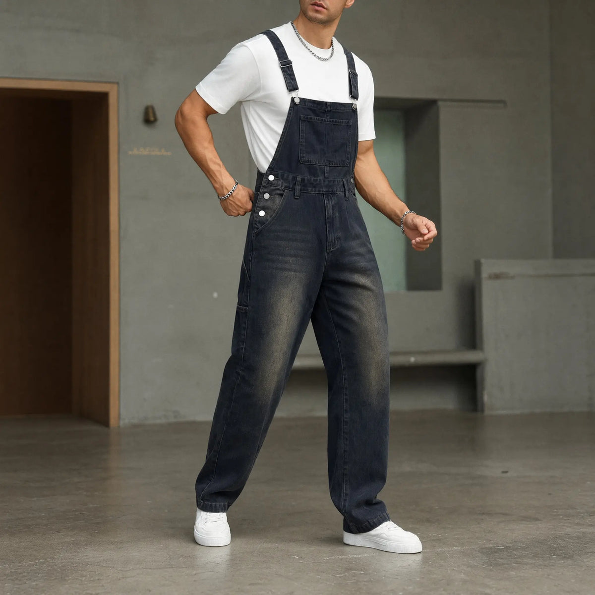 Men's Loose Fit Denim Bib Overalls - Vintage Mud Wash Black Blue Wide Leg Dungarees with Bib Pocket, Chunky Drape Retro Grunge Skater Streetwear, Chic Summer Casual Distressed Workwear Jumpsuit