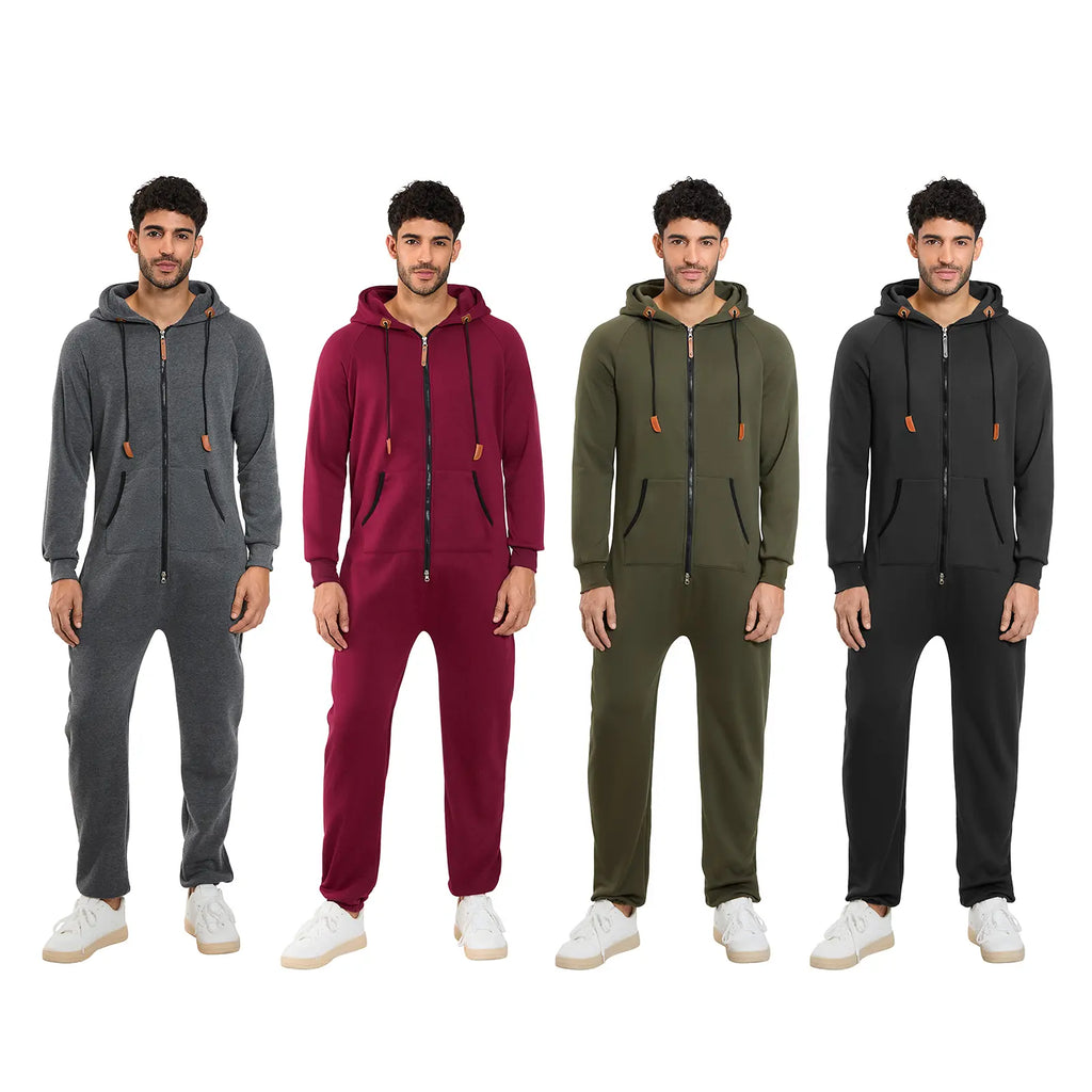 Men's Fleece-Lined Jumpsuit - Hooded Long Sleeve Full-Zip Overalls with Kangaroo Pockets| Winter Workwear, Thermal Coverall, Outdoor Work Suit, Heavy Duty Overalls, Cold Weather Gear
