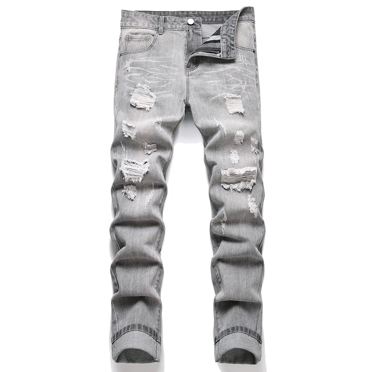 Men's Classic Cotton Distressed Retro Foldable Straight Leg Denim Jeans - 4-Season Comfortable Casual Bottoms with Zipper, Durable Fabric, Pockets, Embroidery, Buttons, Ideal for Retro Street, Halloween, Thanksgiving, Easter, Valentine's Day