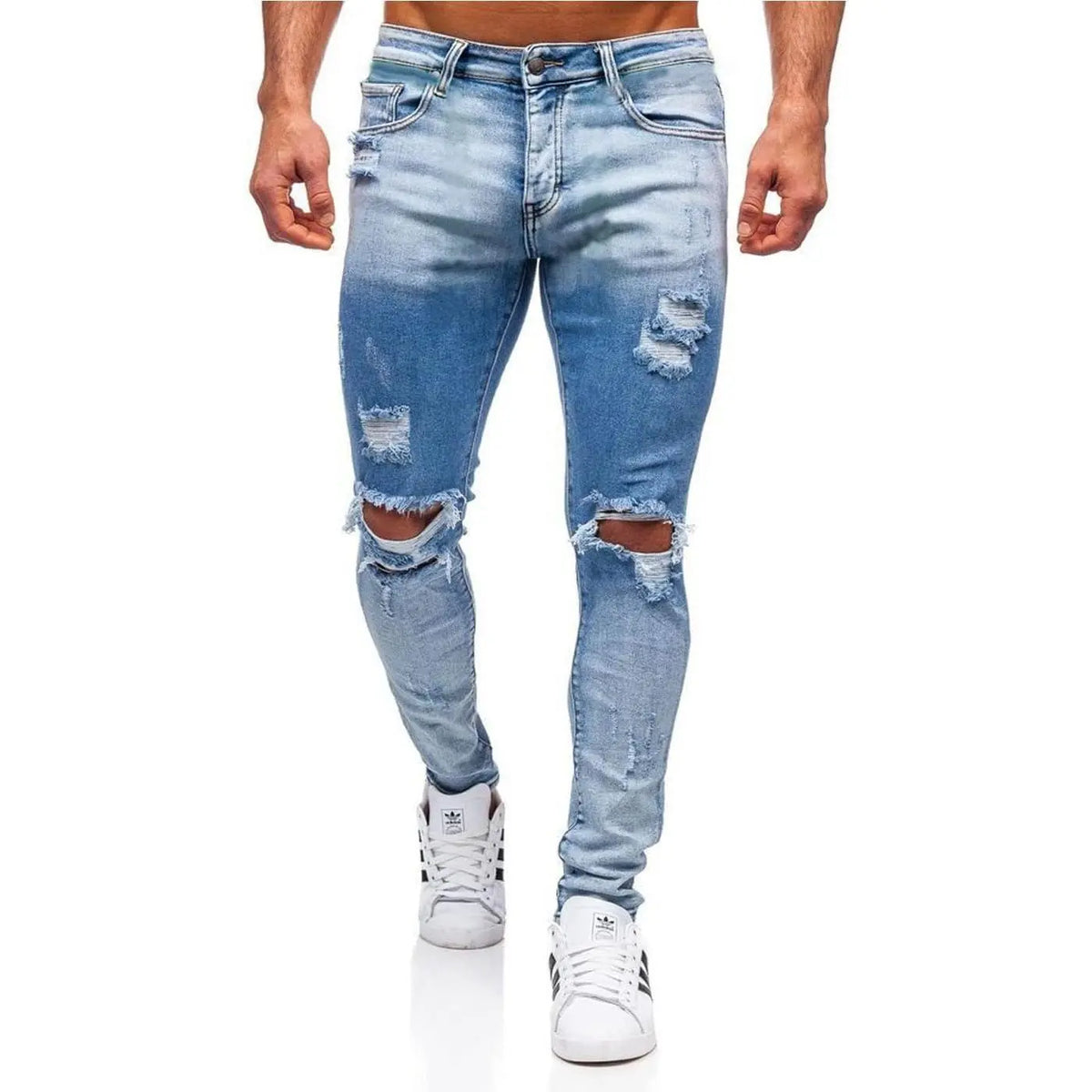 HUNGSON Men's Ripped Slim Denim Jeans - Soft Polyester-Cotton Fabric, Stretchy Skinny Fit, Breathable Distressed, Streetwear Plain Menswear Bottoms, Motocross Trousers (Denim Men's Ripped Jeans), Denim Men's Jeans sohochic