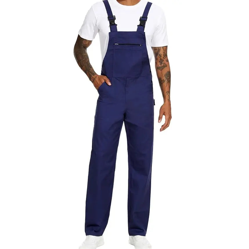 WORK IDEA Men's Cotton Overalls with Straps & Buckle, Comfortable Skin-Friendly Durable Plain Soft Fabric, 8 Functional Pockets, Elastic Waistband, Easy On/Off Workwear Uniforms (Black, Beige) for Outdoor Activities (Pair with T-Shirt)