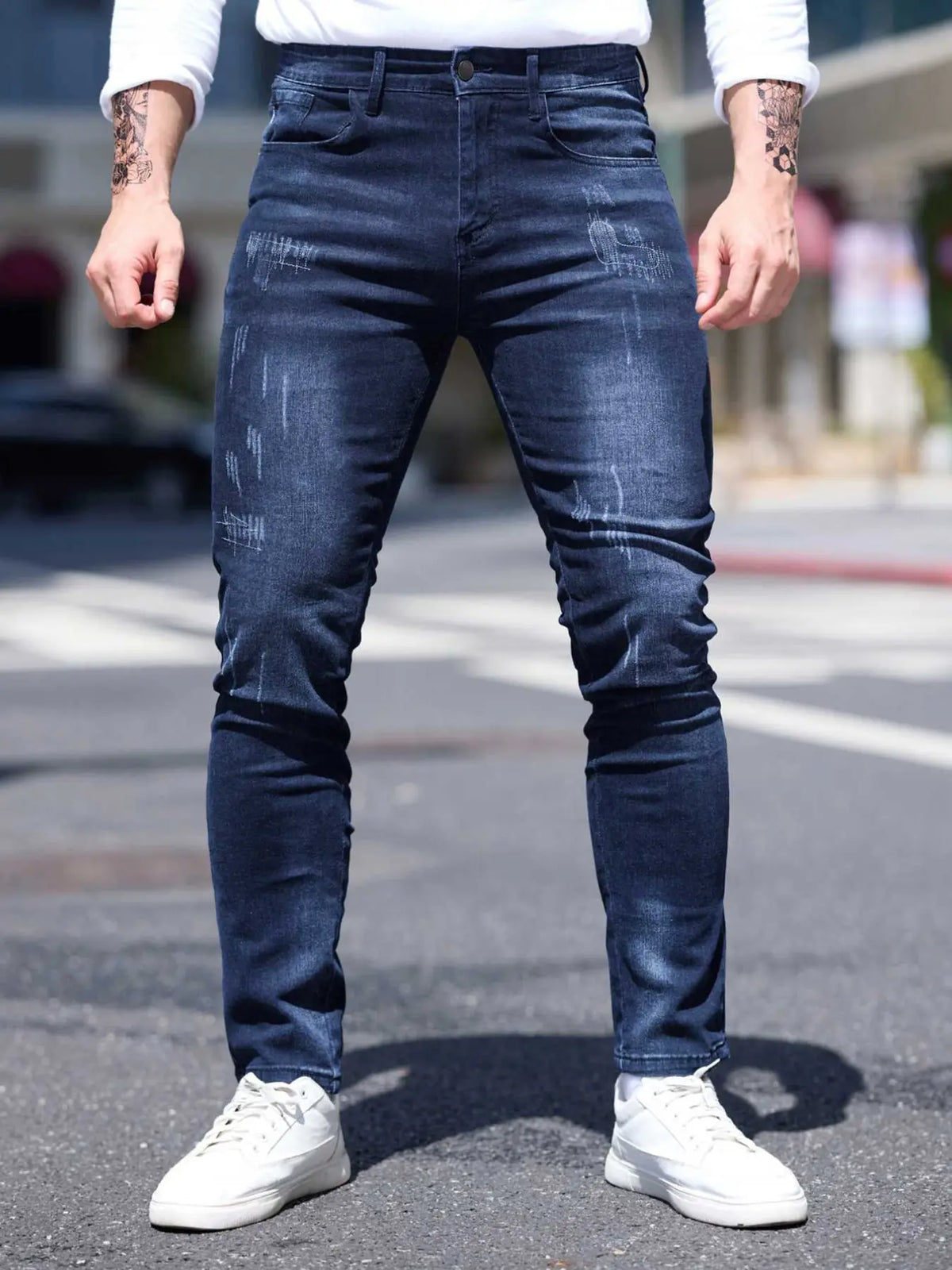 Men's Blue Casual Plain Denim Jeans Pockets, Slim Fit Straight Leg Korean Style Classic Streetwear, Elastic Casual Long Pants for All Seasons, 2026 Fashion Casual Jeans Menswear