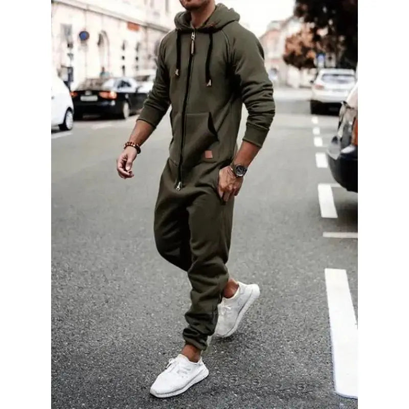 Set of 1 - Men's Hooded Fleece Lined Jumpsuit, Long Sleeve Full Zip Jumpsuit with Kangaroo BagGift