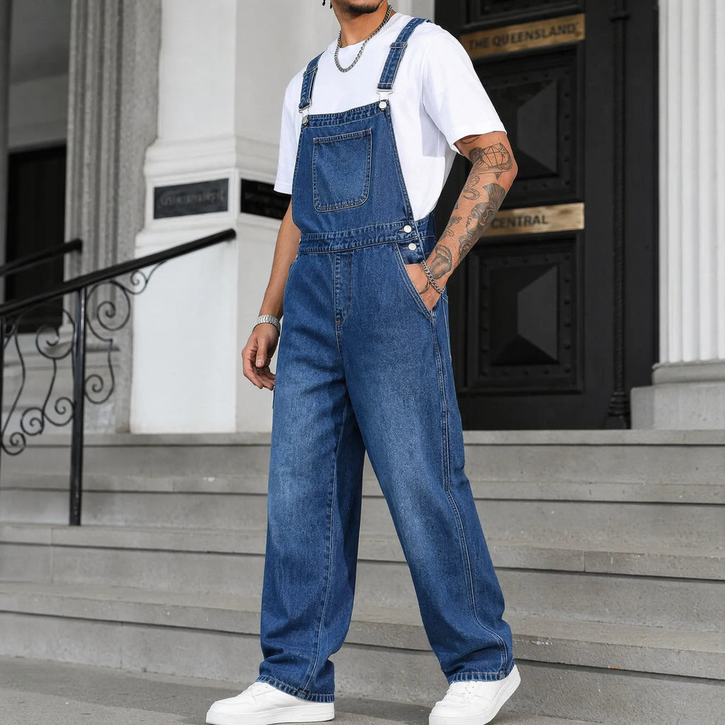 Men's Rigid Cotton Baggy Denim Overalls - Vintage Mid-Wash Blue Wide Leg Dungarees with Bib Hardware, Bib Pocket, Buckle, Utility Drape Jumpsuit for Summer Casual Workwear