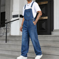 Men's Rigid Cotton Baggy Denim Overalls - Vintage Mid-Wash Blue Wide Leg Dungarees with Bib Hardware, Bib Pocket, Buckle, Utility Drape Jumpsuit for Summer Casual Workwear