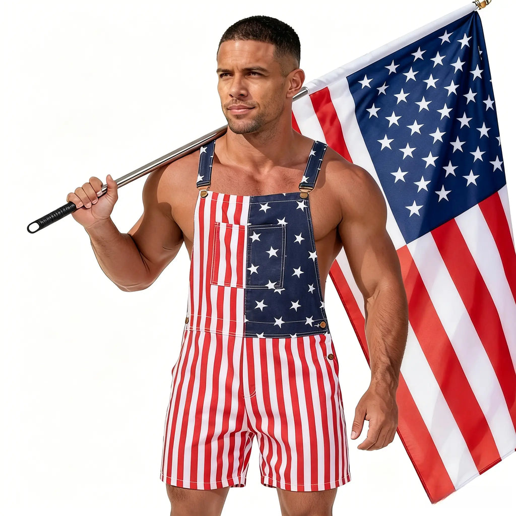 Menswear Stretchy Polyester Denim Festive Overalls - Men's & Women's Cute Romper Shorts, Adjustable Loose Straps, Loose Fit, 4th of July USA 250th Anniversary Patriotic Couple Gifts, Summer Outdoor Workwear, Blue Boat Coveralls