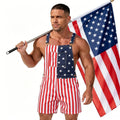 Menswear Stretchy Polyester Denim Festive Overalls - Men's & Women's Cute Romper Shorts, Adjustable Loose Straps, Loose Fit, 4th of July USA 250th Anniversary Patriotic Couple Gifts, Summer Outdoor Workwear, Blue Boat Coveralls