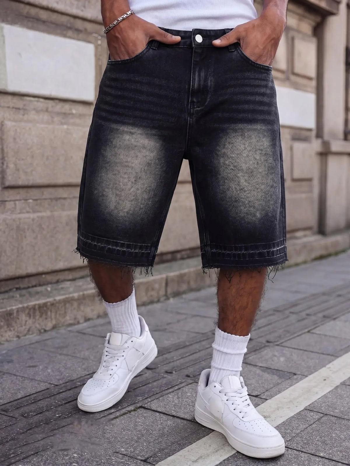 Men's Vintage Washed Distressed Denim Look Jean Shorts, Vintage Distressed Style, Size S (W32) to XXL (W40), Non-Stretch Streetwear Jorts, Menswear