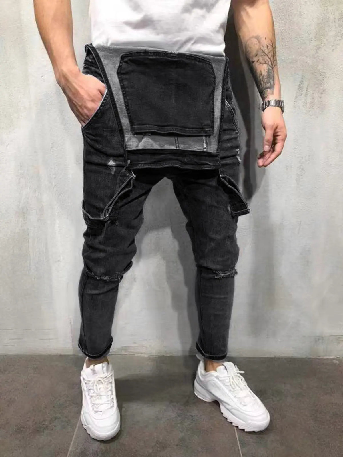 Men's Vintage Aesthetic Classic Denim Overalls with Pockets, Fitted Blue Jumpsuit, Casual Versatile Distressed Design, Perfect for Urban Style, Parties, Streetwear, Menswear Natural, Denim Bib Coveralls