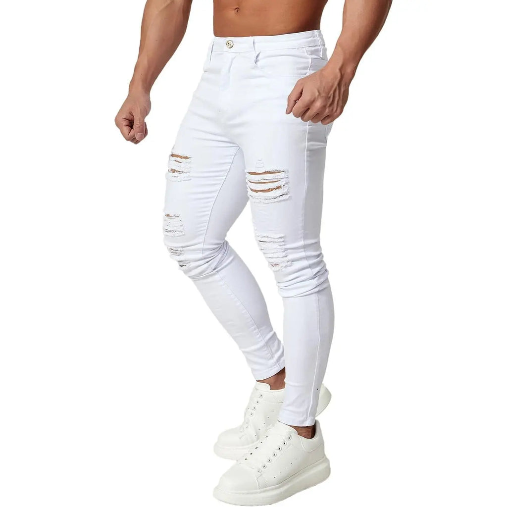 HUNGSON Men's Ripped Slim Denim Jeans - Soft Polyester-Cotton Fabric, Stretchy Skinny Fit, Breathable Distressed, Streetwear Plain Menswear Bottoms, Motocross Trousers (Denim Men's Ripped Jeans), Denim Men's Jeans sohochic