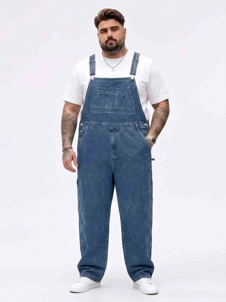 Men's Big & Tall Solid Heavy-Duty Denim Bib Overalls - Menswear Baggy Overalls, Loose-Fit Full Length Straight Leg Workwear Jumpsuit, Adjustable Strap, Multi Pockets, All Seasons, Machine Wash, Work Casual Plain Denim Do Not Bleach