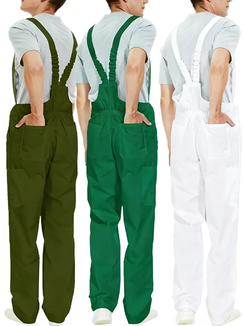 WORK IDEA Men's Cotton Overalls with Straps & Buckle, Comfortable Skin-Friendly Durable Plain Soft Fabric, 8 Functional Pockets, Elastic Waistband, Easy On/Off Workwear Uniforms (Black, Beige) for Outdoor Activities (Pair with T-Shirt)